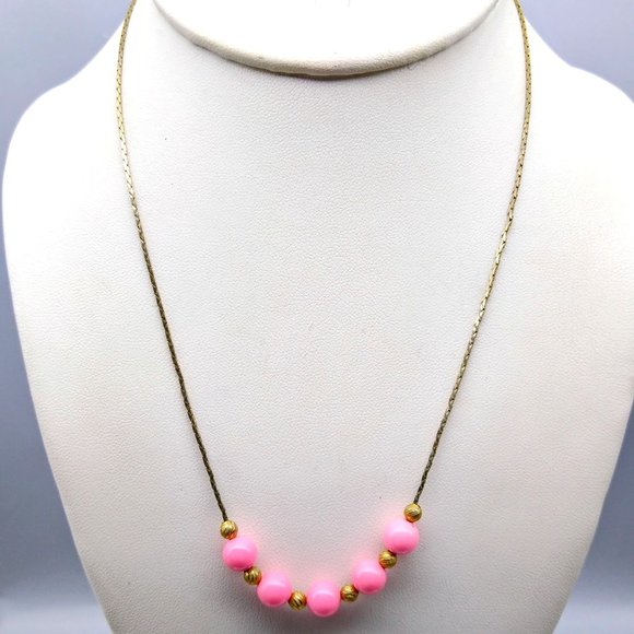 Vintage Pink Slide Bib Necklace, Graduated Beads on Gold Tone Delicate Chain - Picture 1 of 3